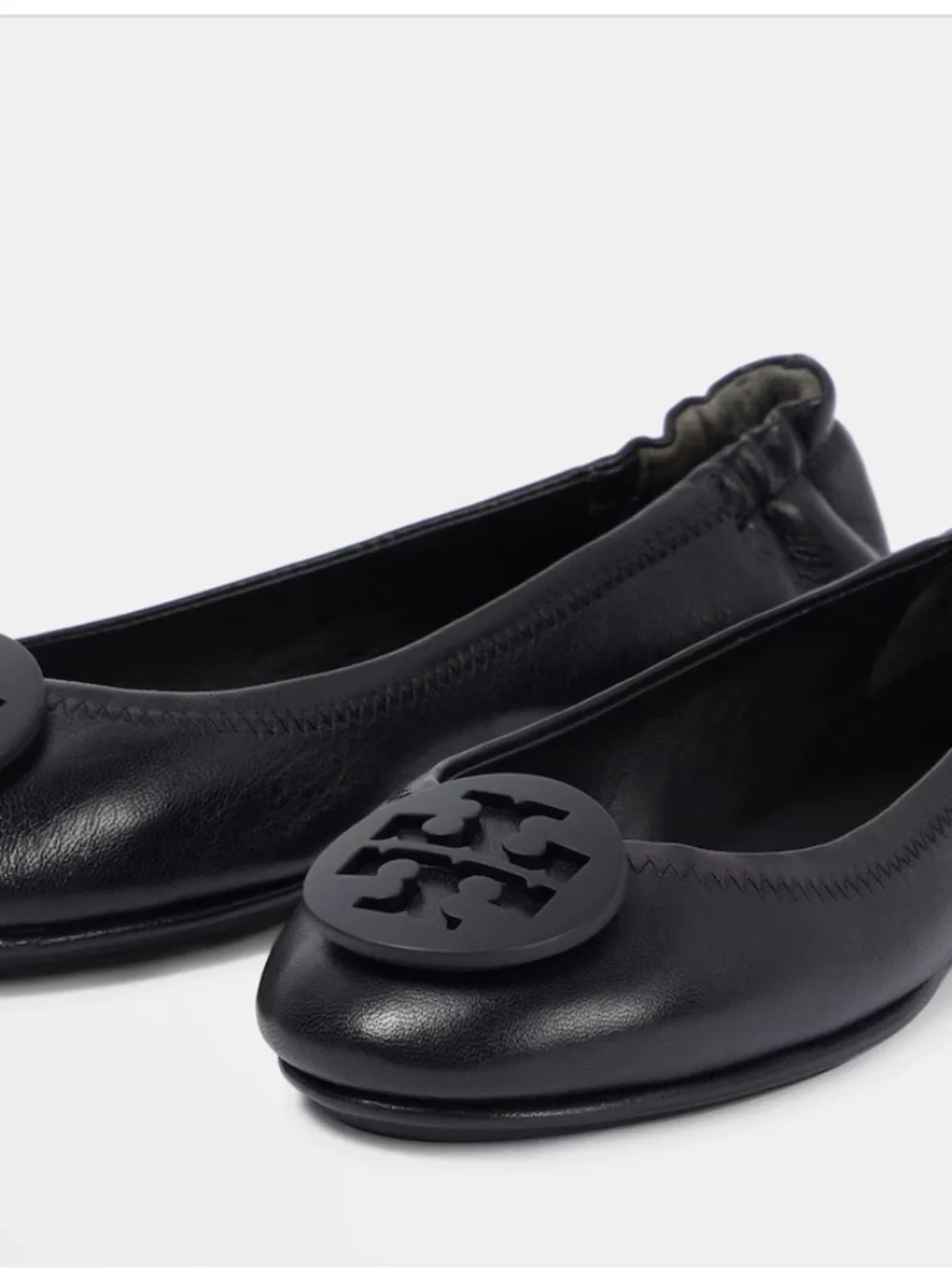 Tory Burch Minnie Black Leather Logo Ballet Flats